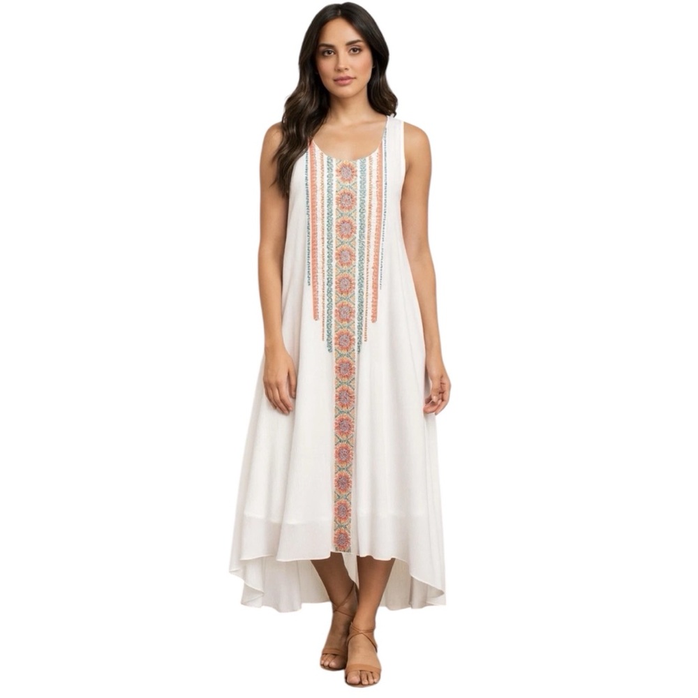 Chico’s multicolor floral embroidered sleeveless white gauze dress hi/low size 0